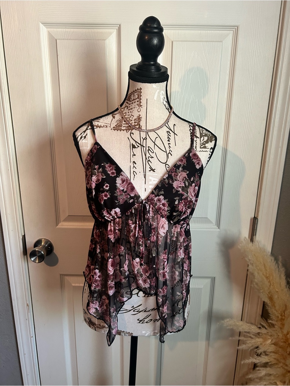 Full Tilt Black Sheer Floral Camisole with Pink Roses